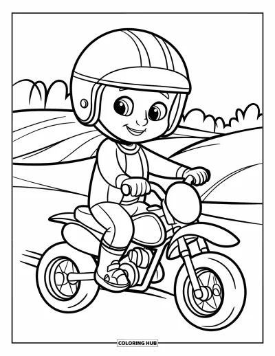 Desenho de moto de trilha para colorir para crianças: Um piloto sorridente senta em uma moto de trilha rodeada de colinas suaves e algumas árvores