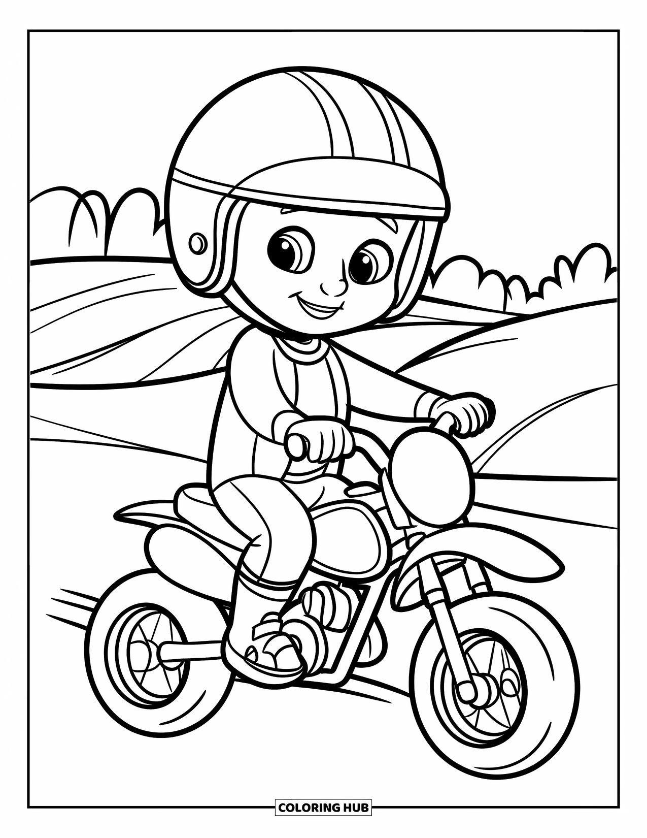 Dirt Bike Coloring Page for Kids: A smiling rider sits on a dirt bike surrounded by gentle hills and a few trees
