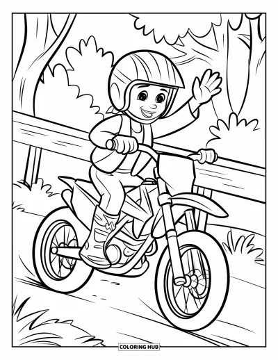Desenho de moto de trilha para colorir para crianças: Um piloto sorridente acena enquanto passa por árvores e uma barreira de madeira na trilha