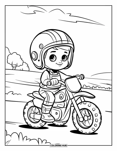 Desenho de moto de trilha para colorir para crianças: Um jovem piloto descansa em uma moto sob um céu nublado com árvores ao longe