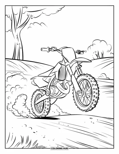 Desenho de moto de trilha para colorir para crianças: Uma adorável moto de trilha pula sobre um obstáculo enquanto a poeira flutua por uma paisagem bonita
