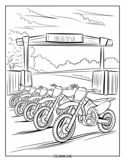 Desenho de moto de trilha para colorir para crianças: Motos de trilha formam um semicírculo na linha de largada sob as árvores e um céu nublado