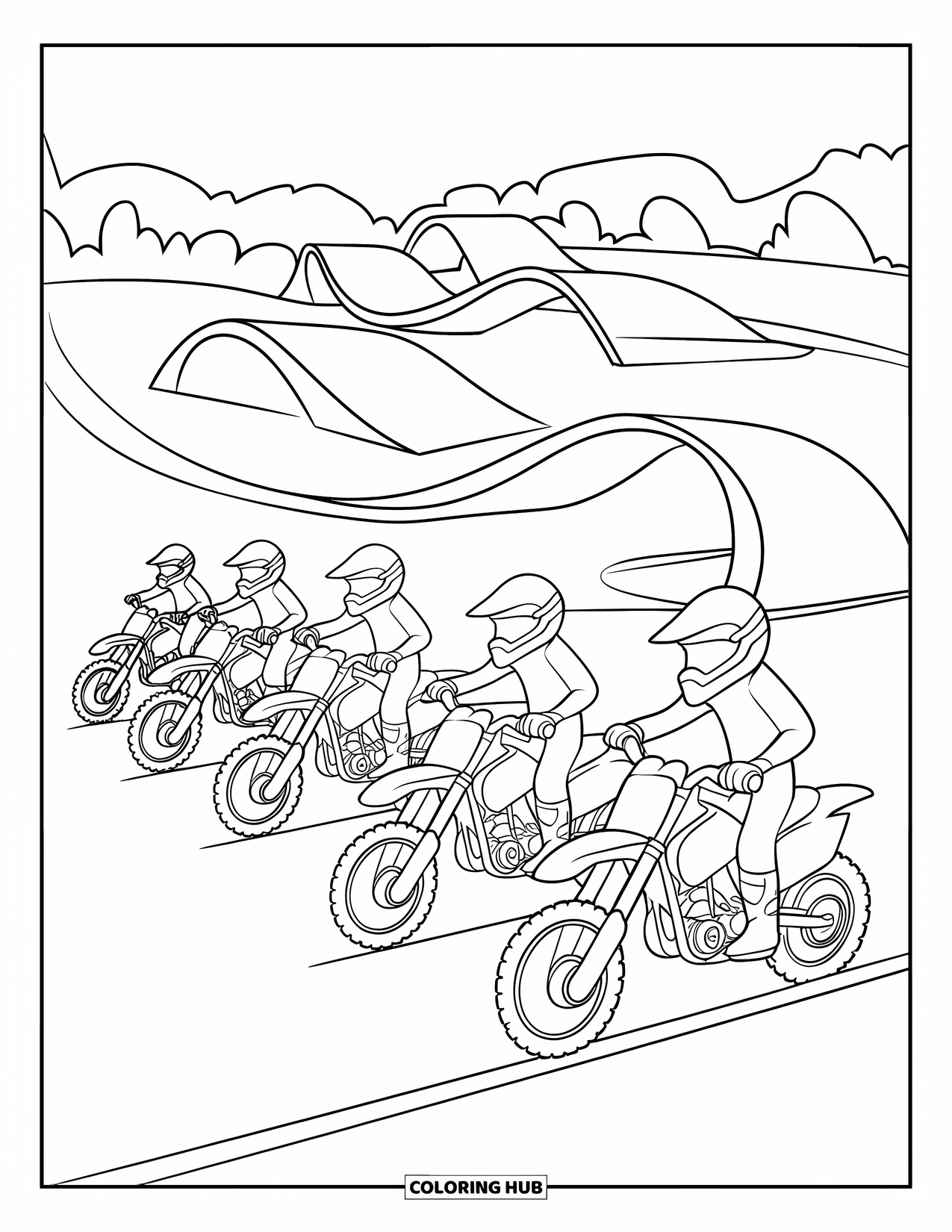 Dirt Bike Coloring Page for Kids: Dirt bikes line up at the starting gate, ready to race down a twisty track