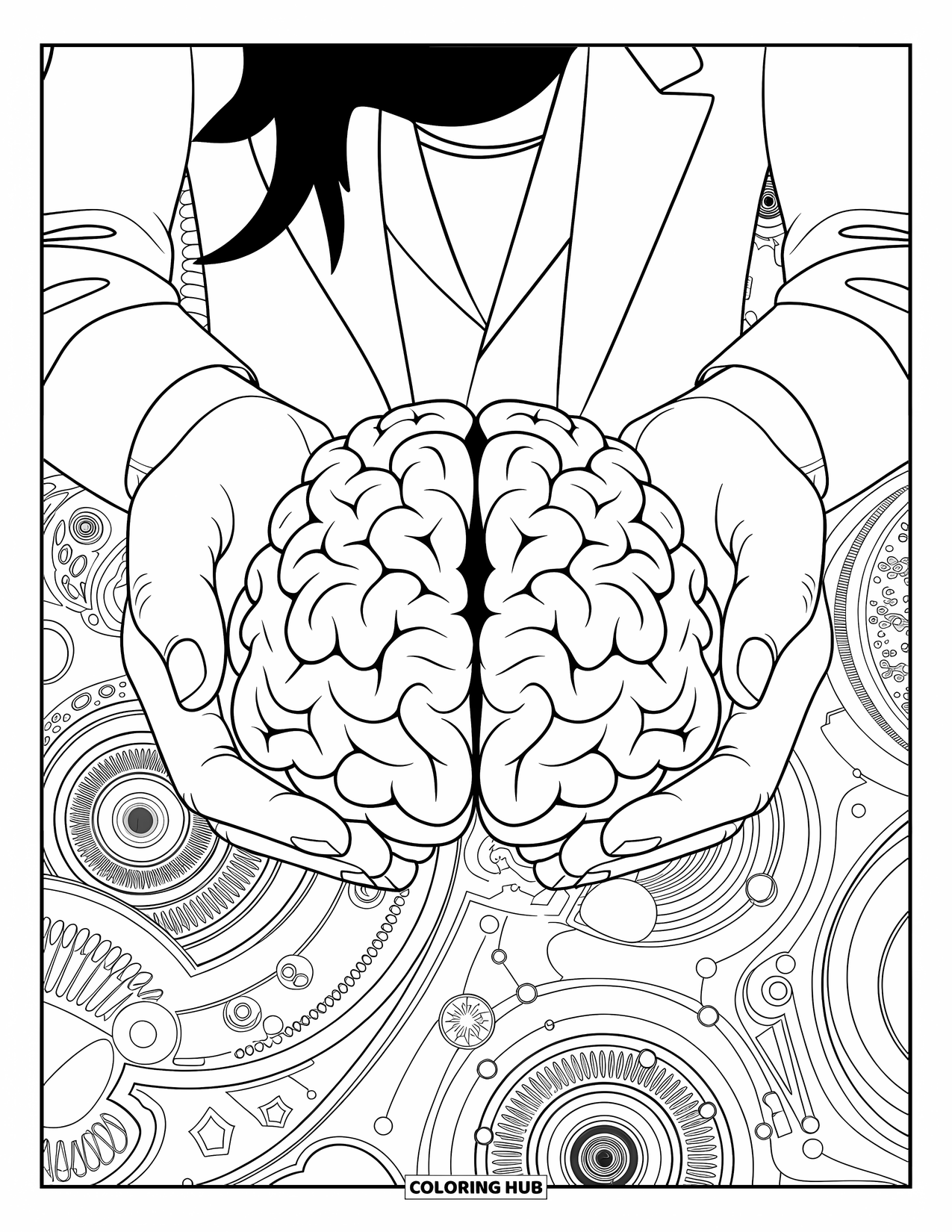 Doctor Coloring Page for Adults: A brain model rests in a doctor's hands surrounded by intricate scientific designs