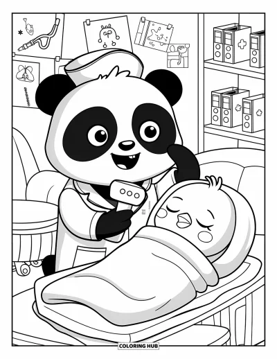Tegning af læge til voksne: En glad panda scanner en søvnig kylling pakket ind i et tæppe ved bløde stole og hylder