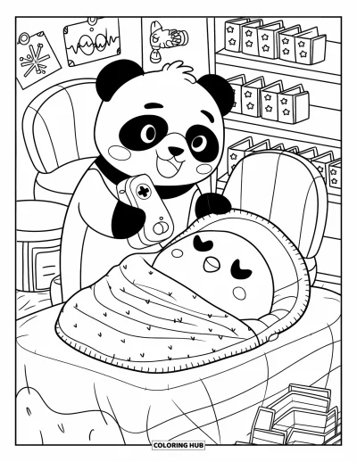 Tegning af læge til voksne: En glad panda scanner en søvnig kylling pakket ind i et tæppe nær filer og bløde stole