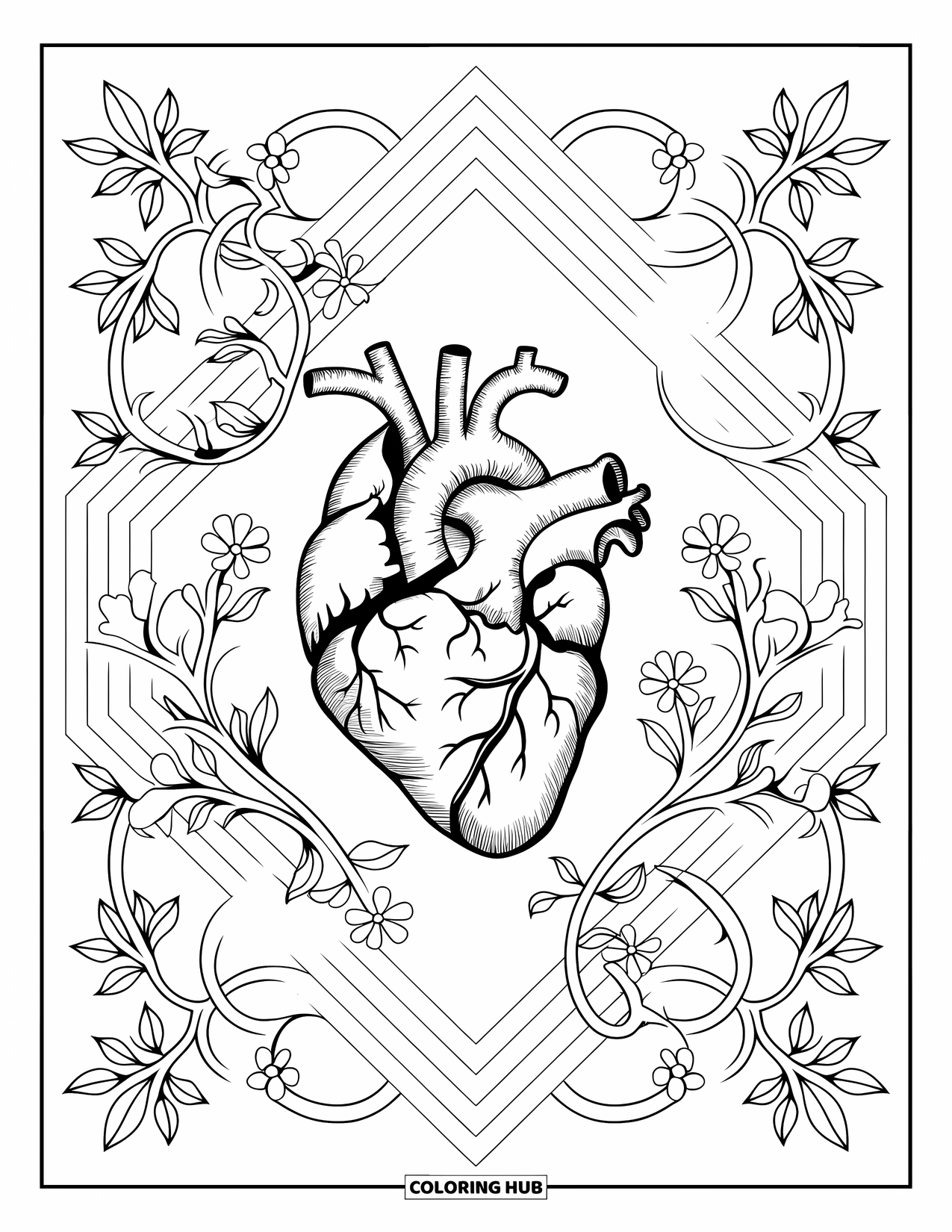 Doctor Coloring Page for Adults: A detailed heart surrounded by swirling vines and clean geometric patterns