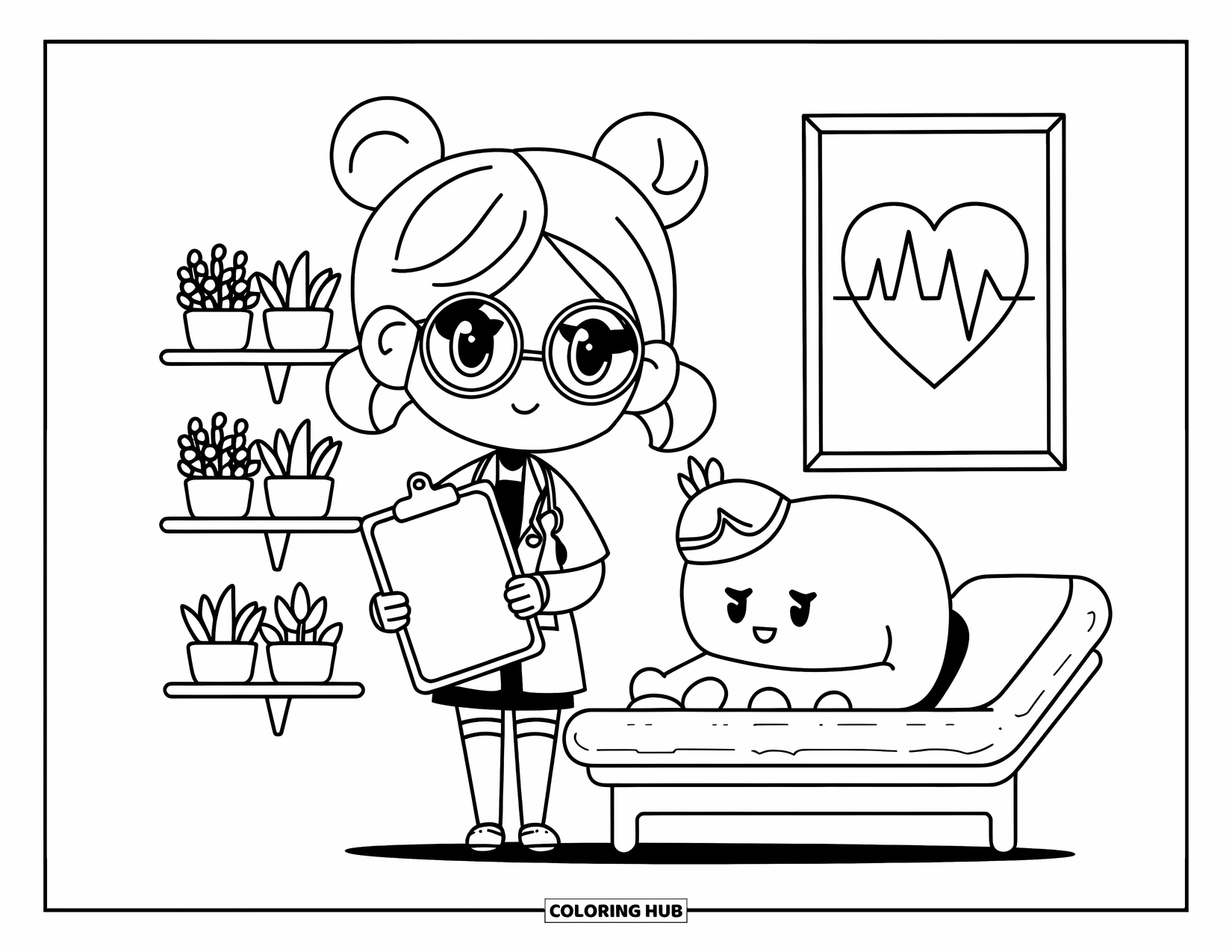Doctor Coloring Page for Adults: A doctor girl holds a huge clipboard next to a plush patient on a cushion bed
