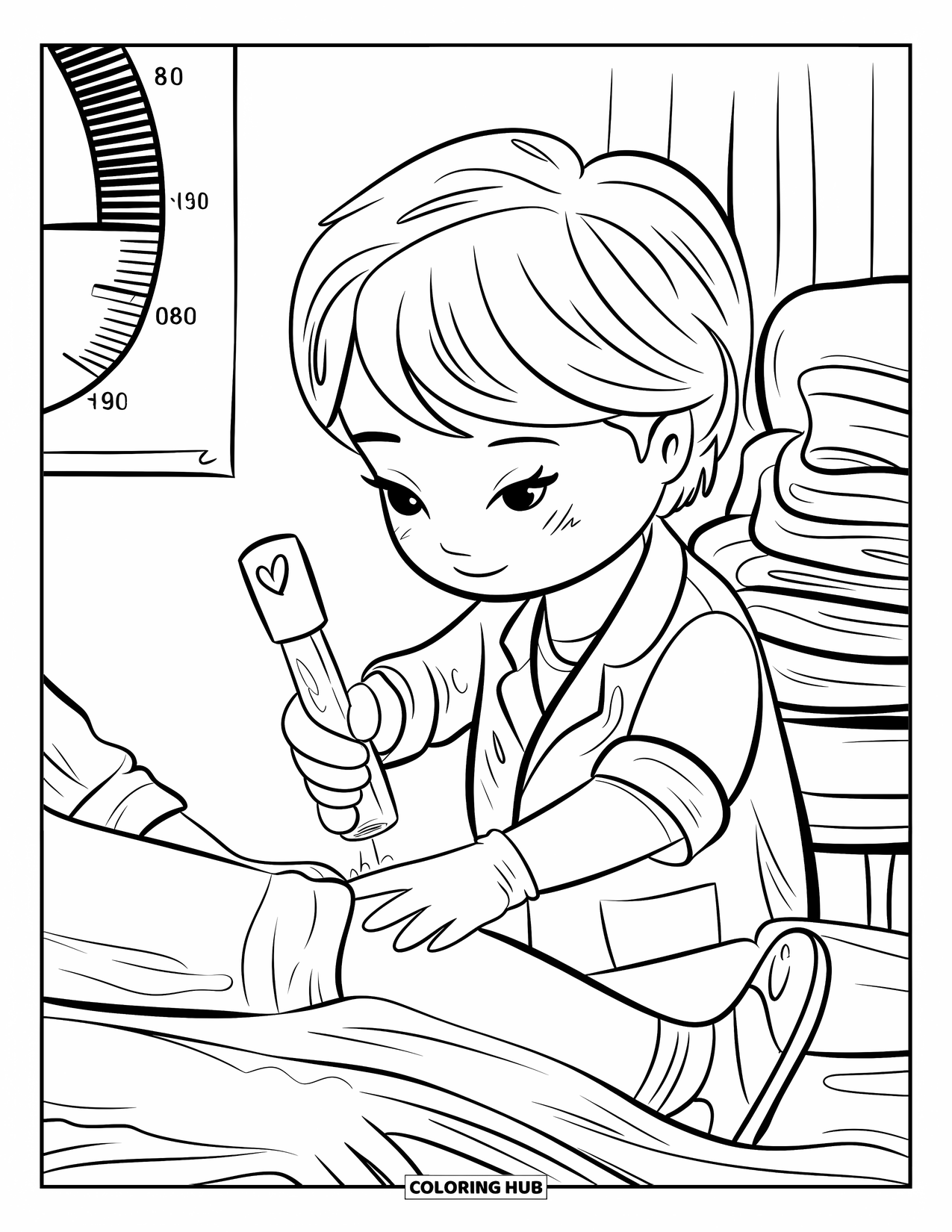 Doctor Coloring Page for Adults: A doctor taps a patientís knee gently using a heart hammer beside a mobility chart