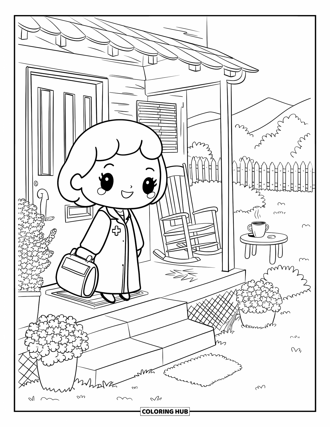 Doctor Coloring Page for Adults: A doctor visits a countryside home with a welcome mat, plants, and a quiet porch scene