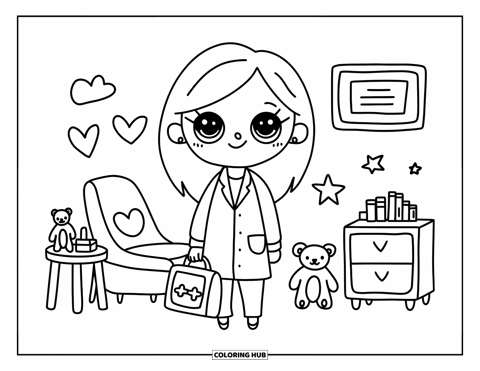 Doctor Coloring Page for Adults: A doctor with a warm smile stands near a chair, teddy bear, and playful wall art