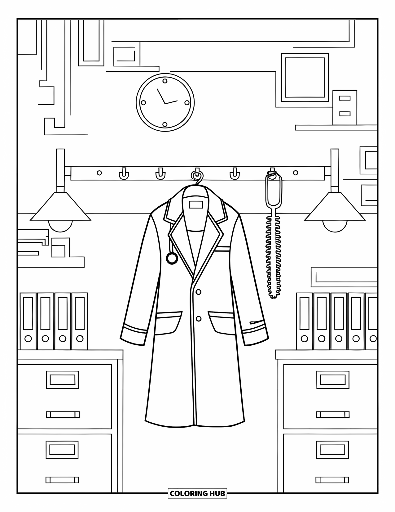 Doctor Coloring Page for Adults: A doctor's coat and stethoscope hang on a wall beside clocks and file drawers