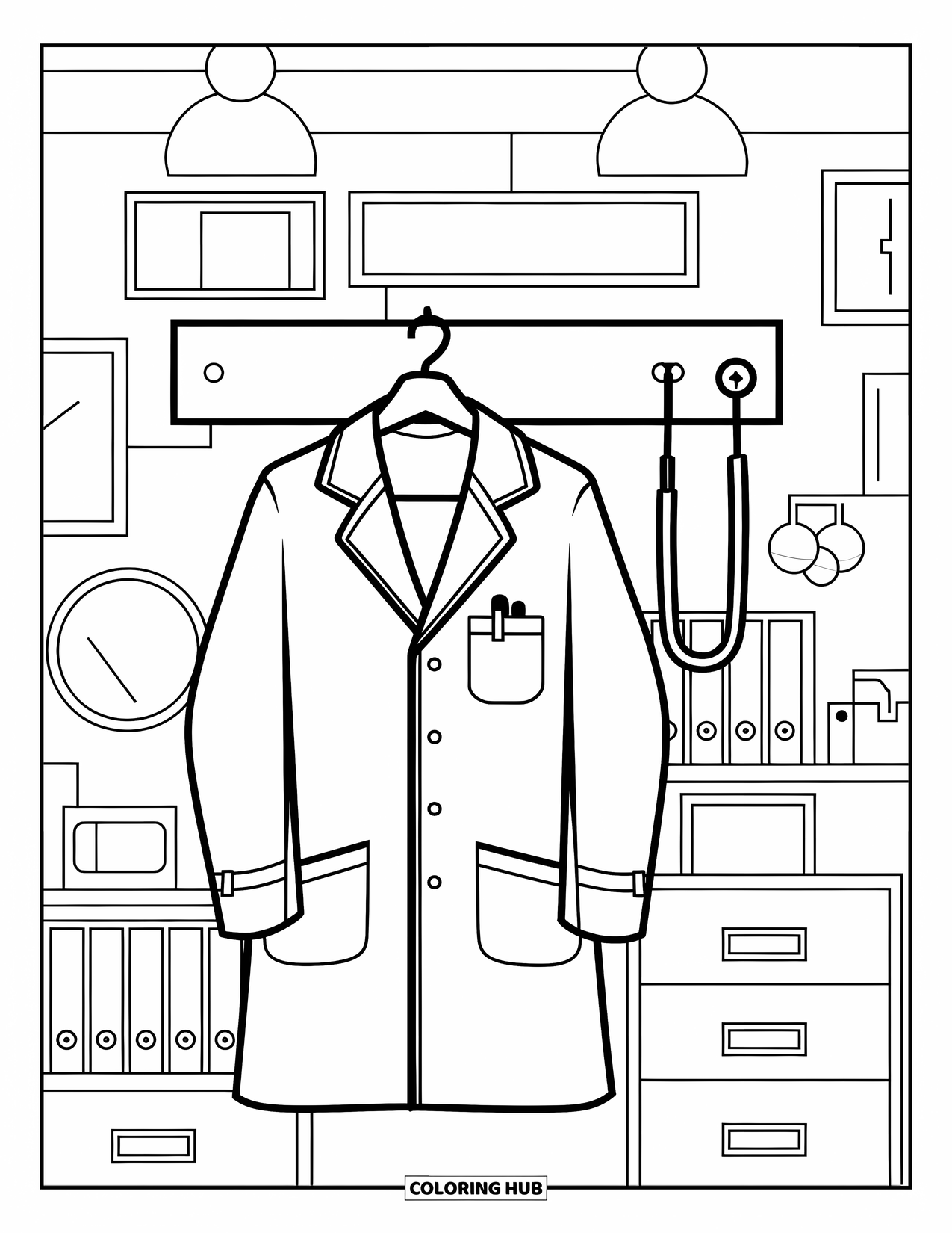 Doctor Coloring Page for Adults: A doctor's coat with buttons and a stethoscope hang near clocks and office items