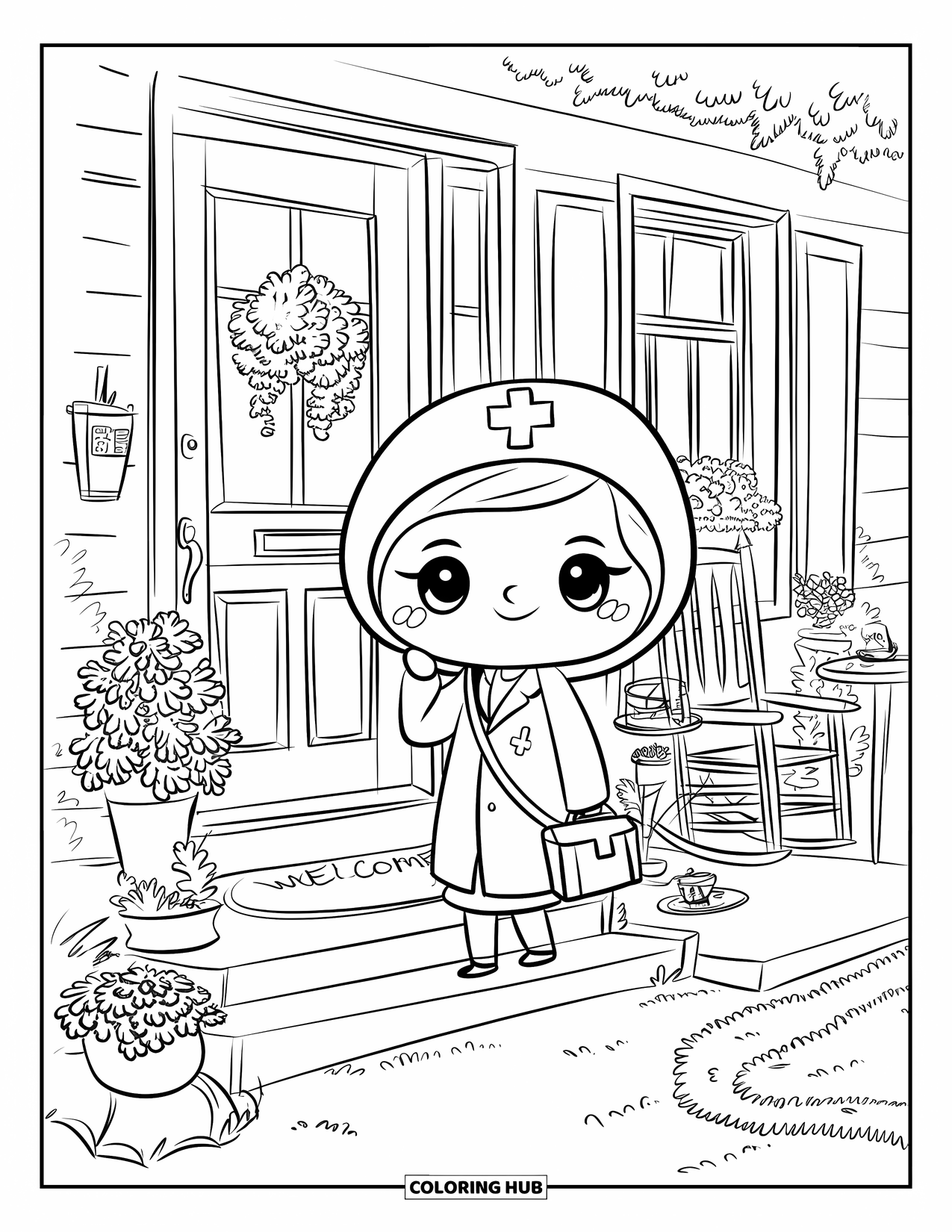 Doctor Coloring Page for Adults: A gentle doctor arrives at a cozy house with tea on the porch and potted plants nearby
