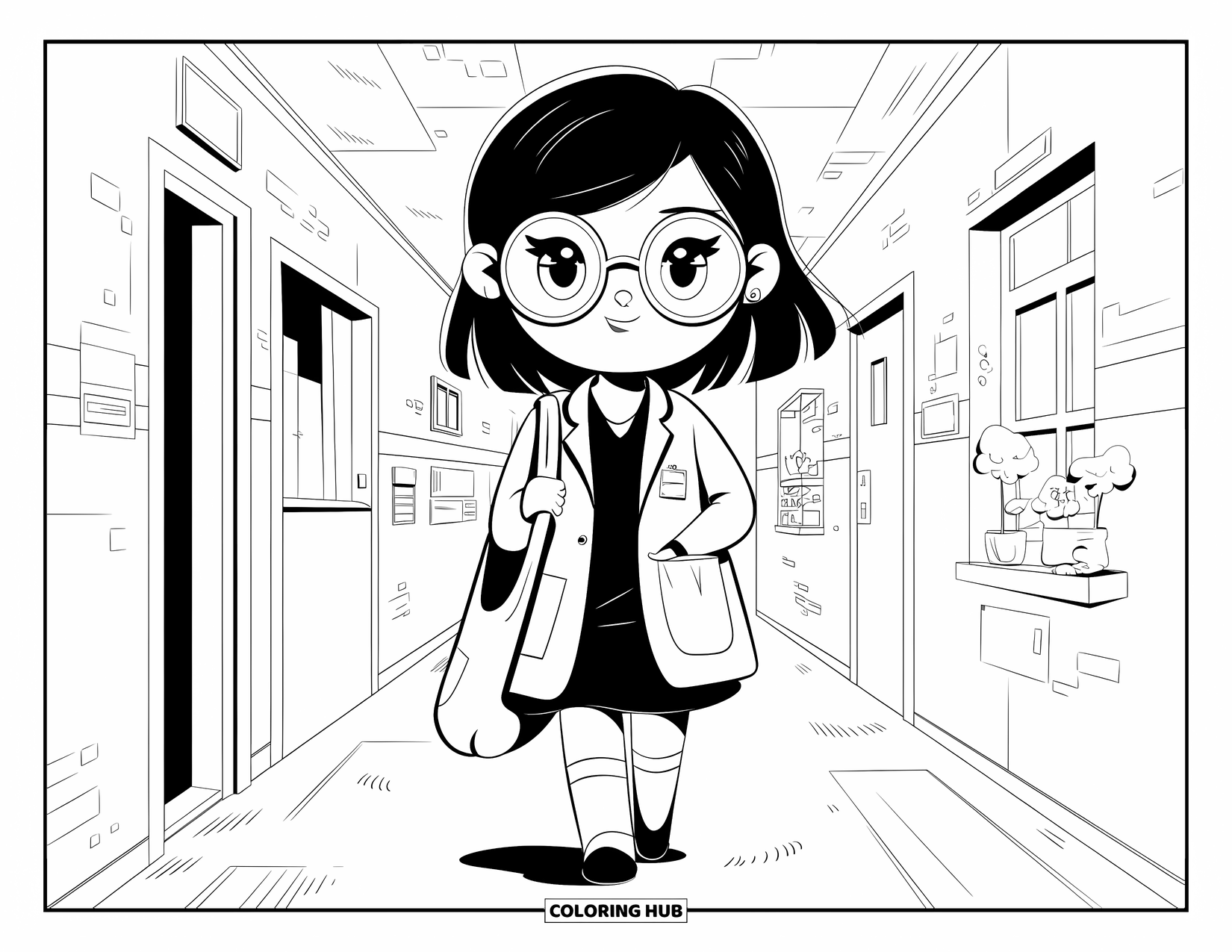 Doctor Coloring Page for Adults: A girl doctor walks down a soft hallway with a breeze fluttering her coat and tote bag