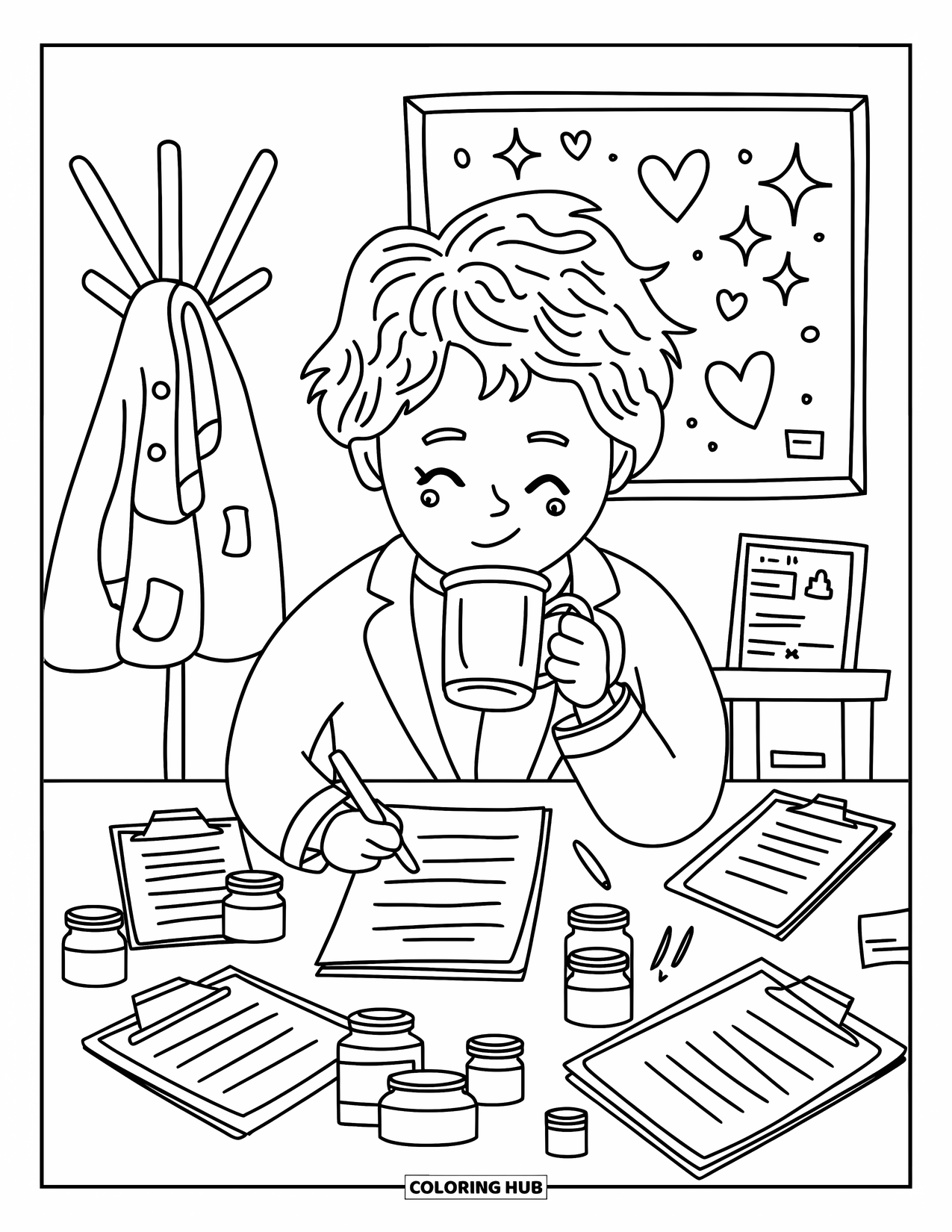 Doctor Coloring Page for Adults: A happy doctor sips from a mug while writing notes at a cluttered, cozy desk