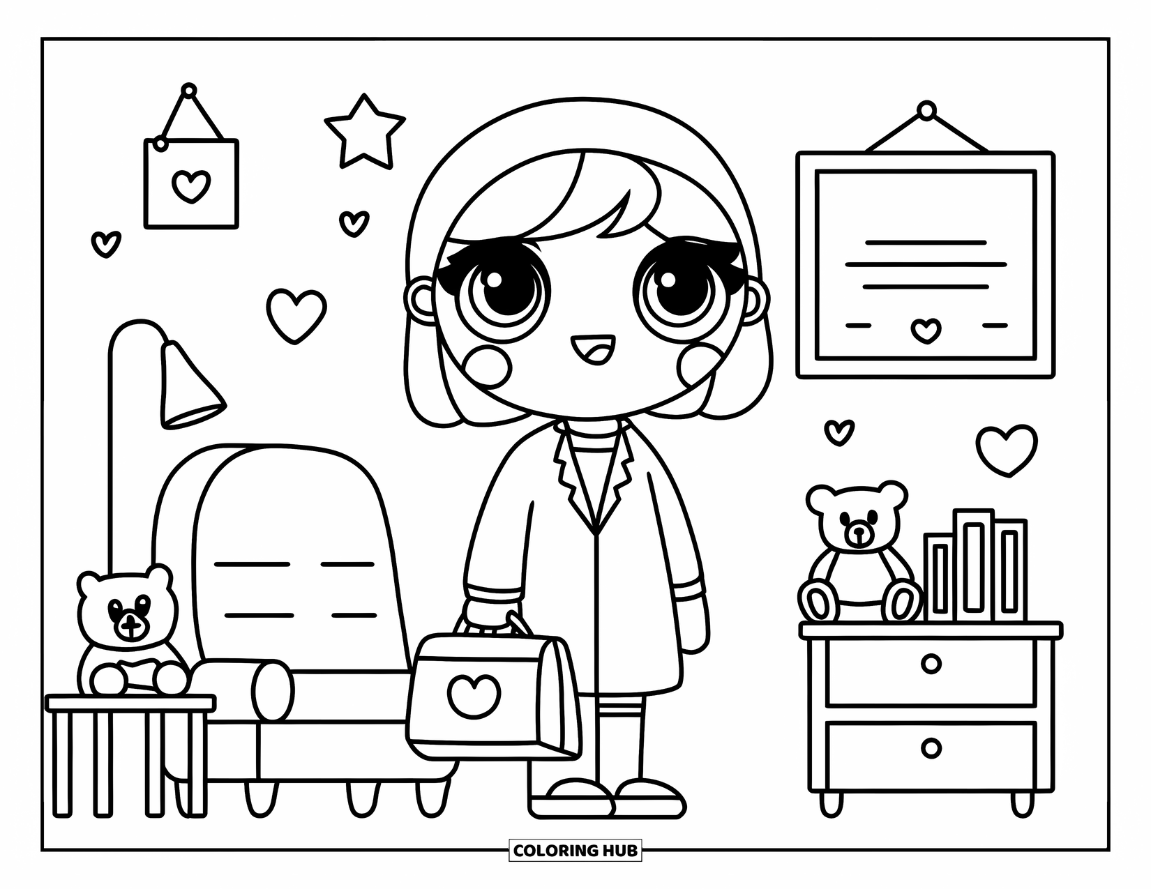 Doctor Coloring Page for Adults: A kind-eyed doctor stands in a cozy room with a teddy bear and kids' books nearby