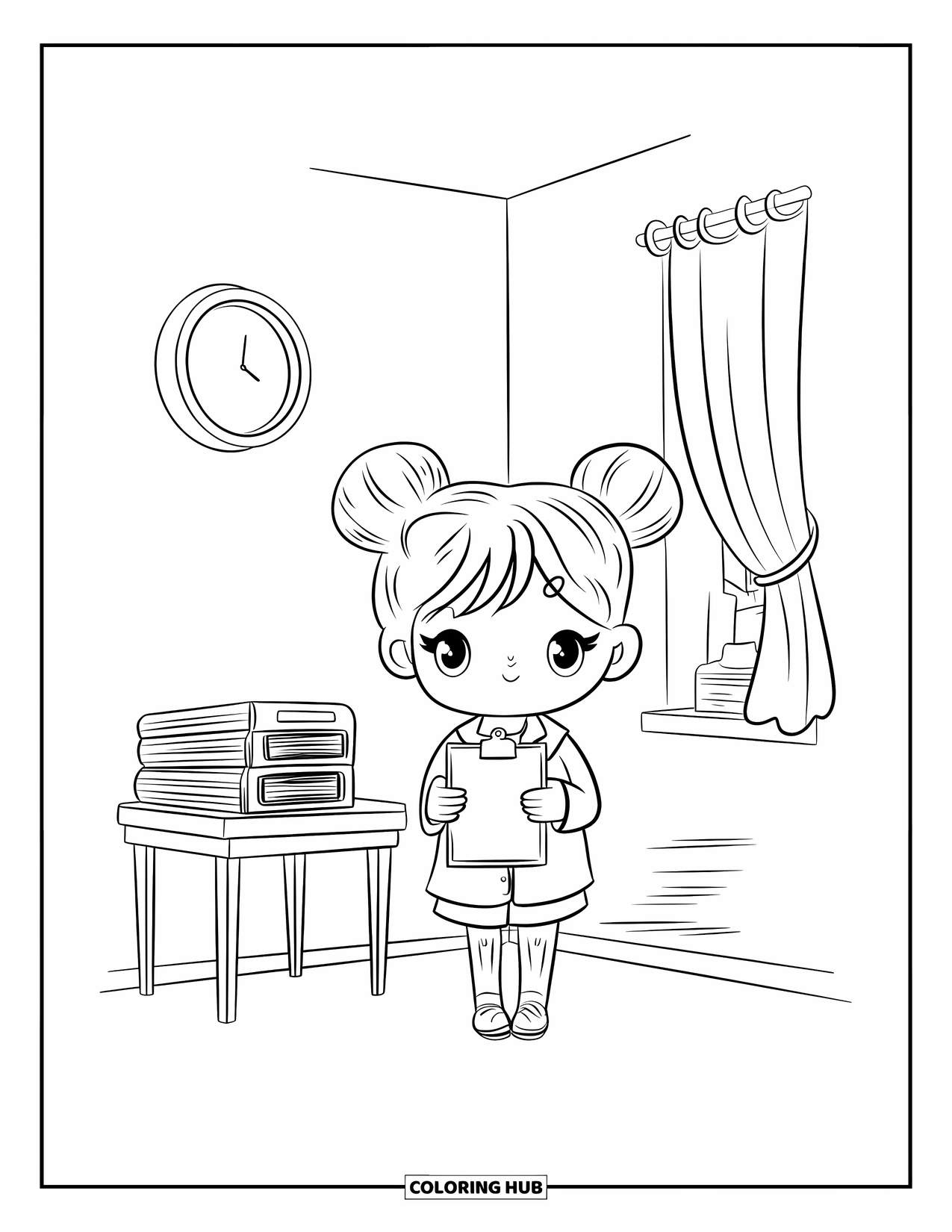 Doctor Coloring Page for Adults: A little doctor holds a huge clipboard near a table, files, and round wall clock
