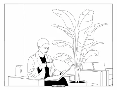Tegning af læge til voksne: En afslappet læge nipper til te ved siden af en bladrig plante i en fredelig kliniklounge