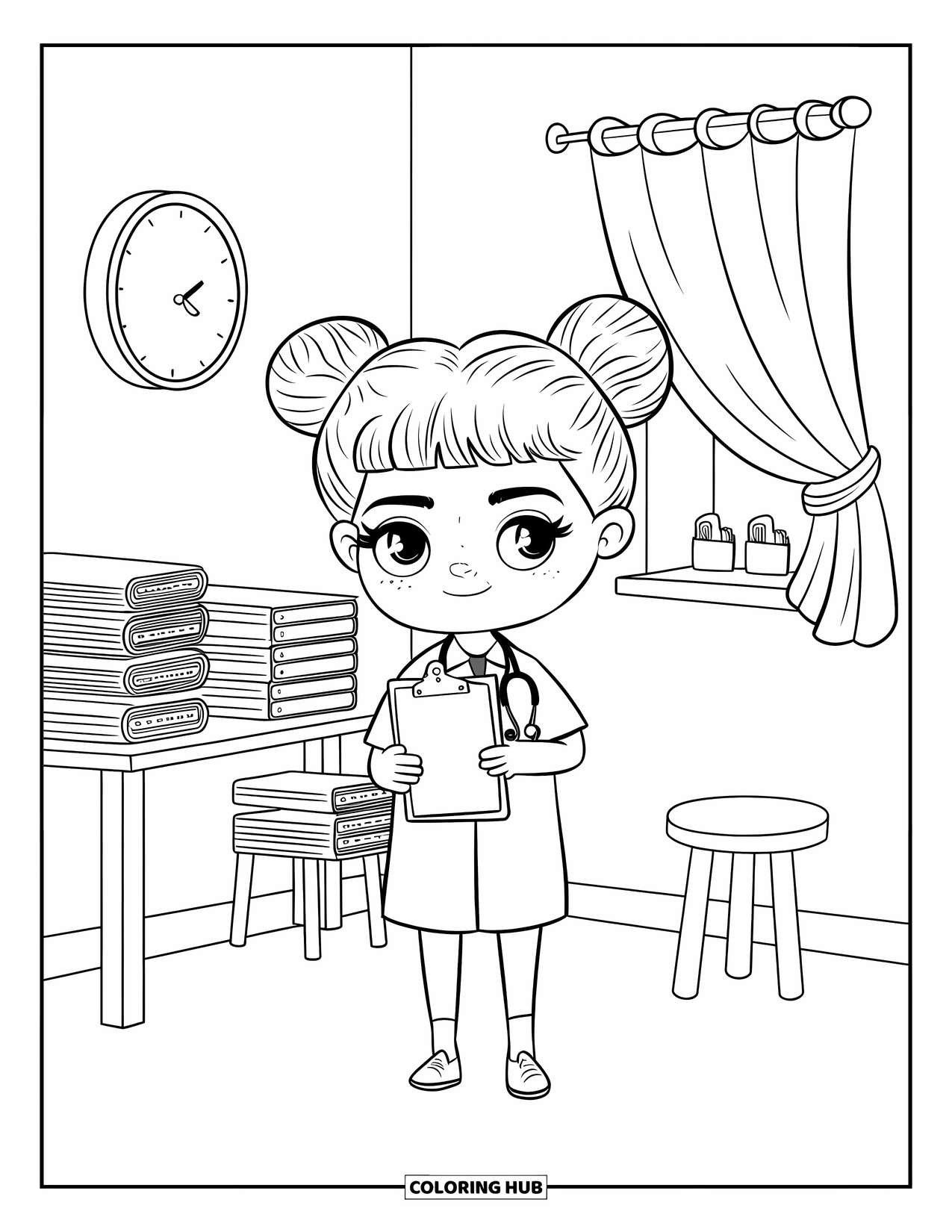 Doctor Coloring Page for Adults: A small doctor girl stands beside stacked files and a curtain swaying by a window