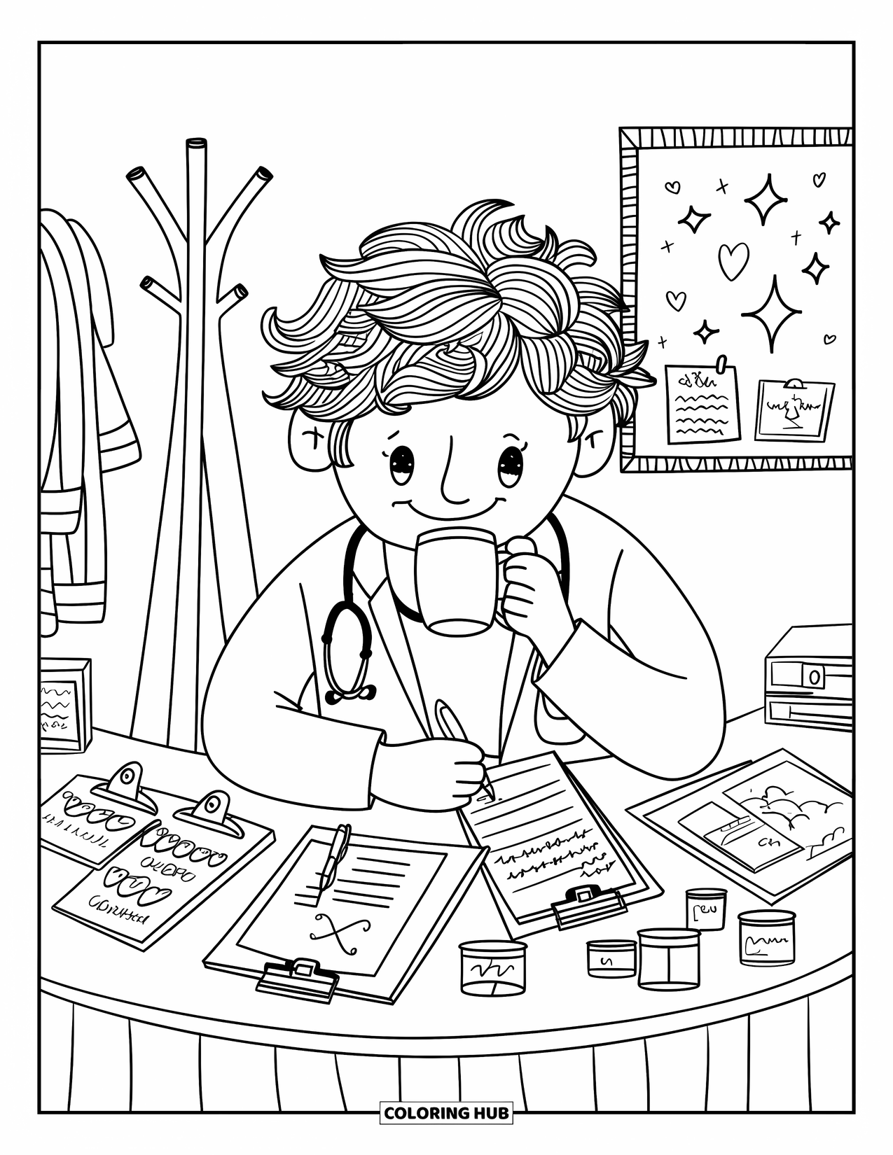 Doctor Coloring Page for Adults: A smiling doctor writes at his desk surrounded by clipboards, jars, and sweet doodles