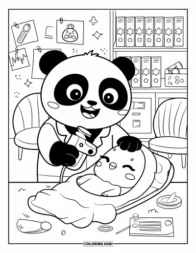 Tegning af læge til voksne: En smilende panda bruger en legetøjsscanner på en hyggelig kylling nær stole og stjernefiler