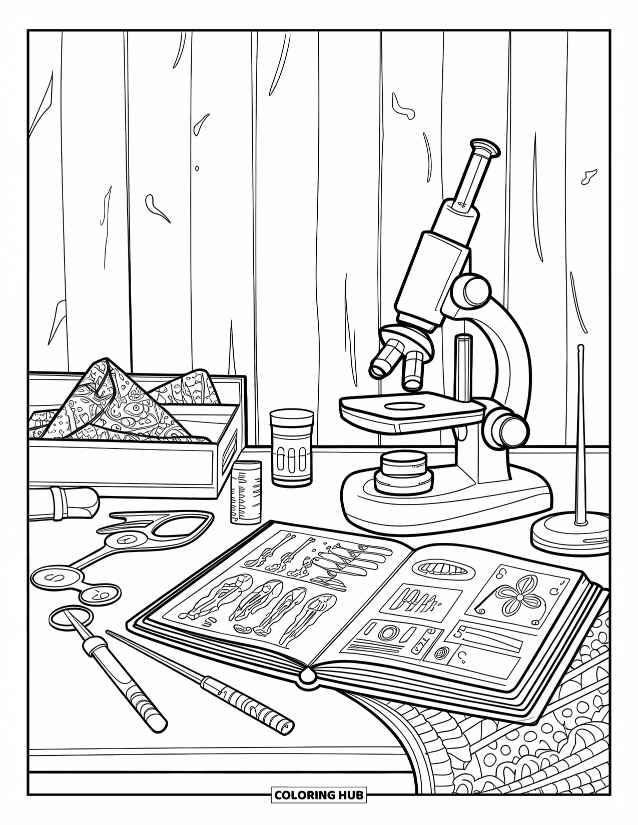 Doctor Coloring Page for Adults: A tidy desk with a microscope, tools, and journal surrounded by artistic patterns