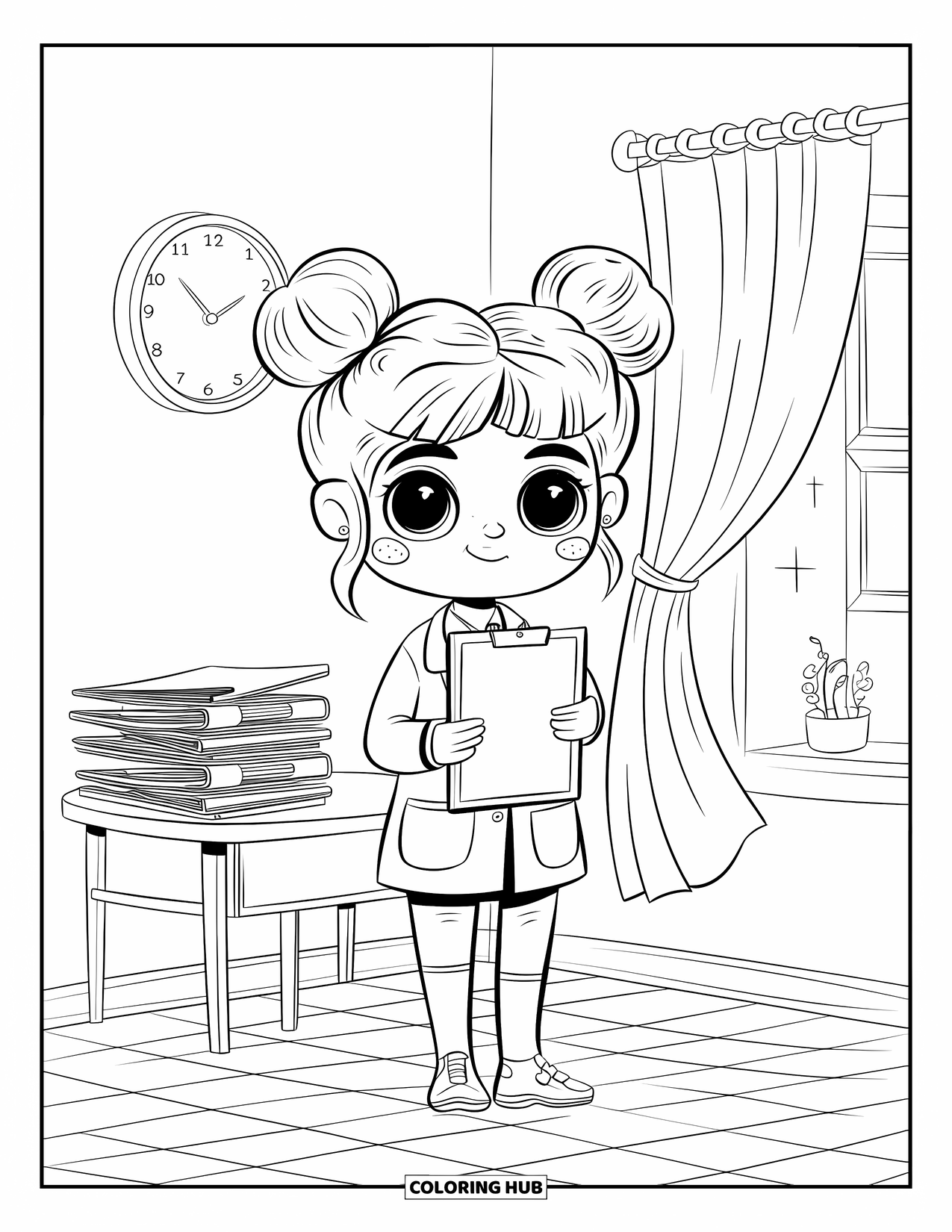 Doctor Coloring Page for Adults: A tiny doctor girl stands with a big clipboard beside a curtain and clinic table
