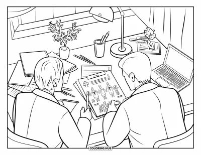 Tegning af læge til voksne: Læger diskuterer et diagram ved et skrivebord med papirer, en lampe og en plante