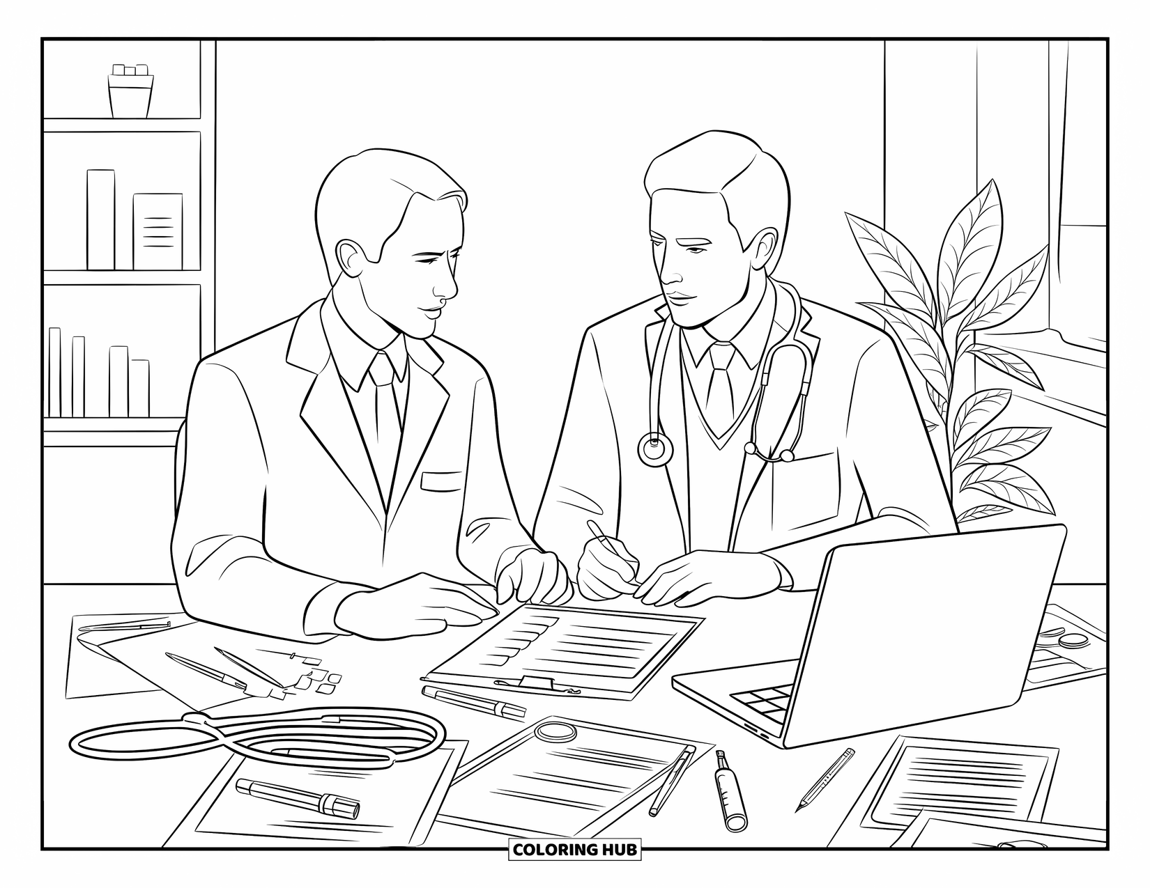 Doctor Coloring Page for Adults: Doctors review notes beside a plant and stethoscope in a tidy office space