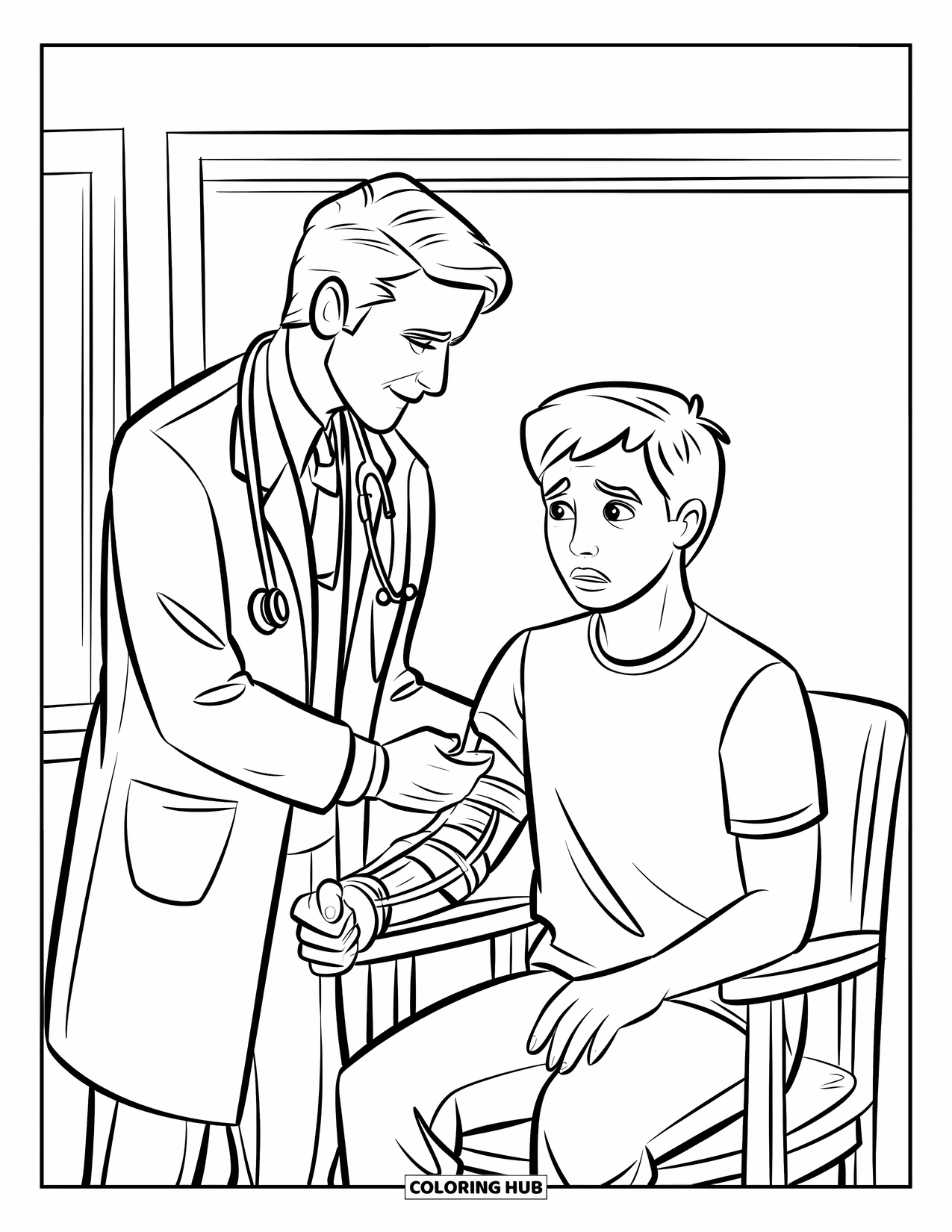 Doctor Coloring Page for Kids: A caring doctor checks a teen's arm brace as they talk in a bright room