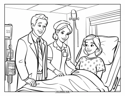 Tegning af læge til børn: En glad patient bliver besøgt af en læge og sygeplejerske i et stille hospitalsrum
