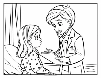 Tegning af læge til børn: Et barn som læge taler med en siddende patient nær en hospitalsseng og et gardin
