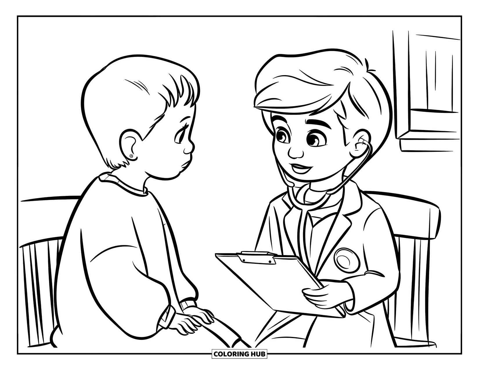 Doctor Coloring Page for Kids: A child doctor with a clipboard speaks to a patient seated near a small window