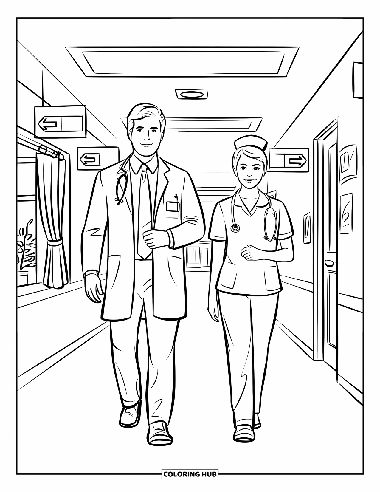 Doctor Coloring Page for Kids: A doctor and nurse pass a window with curtains in a hallway lined with room numbers