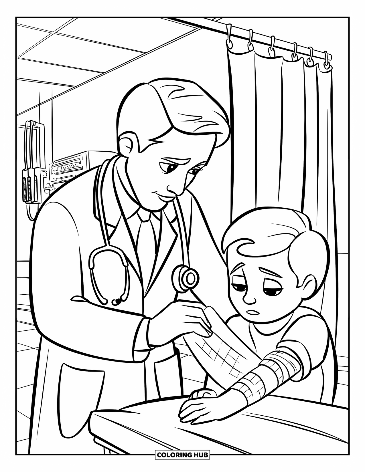 Doctor Coloring Page for Kids: A doctor gently applies a cartoon bandage to a sad child's arm in a clinic room