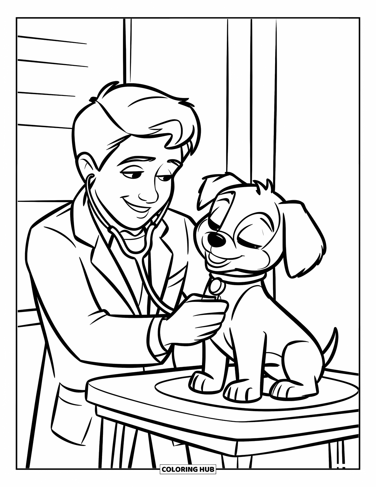 Doctor Coloring Page for Kids: A doctor gently checks a sleepy puppy's heartbeat on a small table