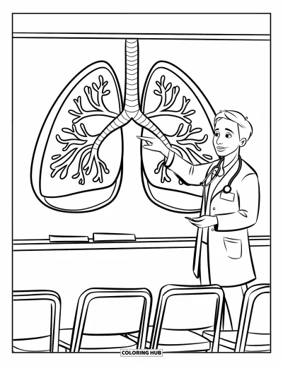 Tegning af læge til børn: En læge holder et sundhedsforedrag og peger på et lungediagram på en klassevæg