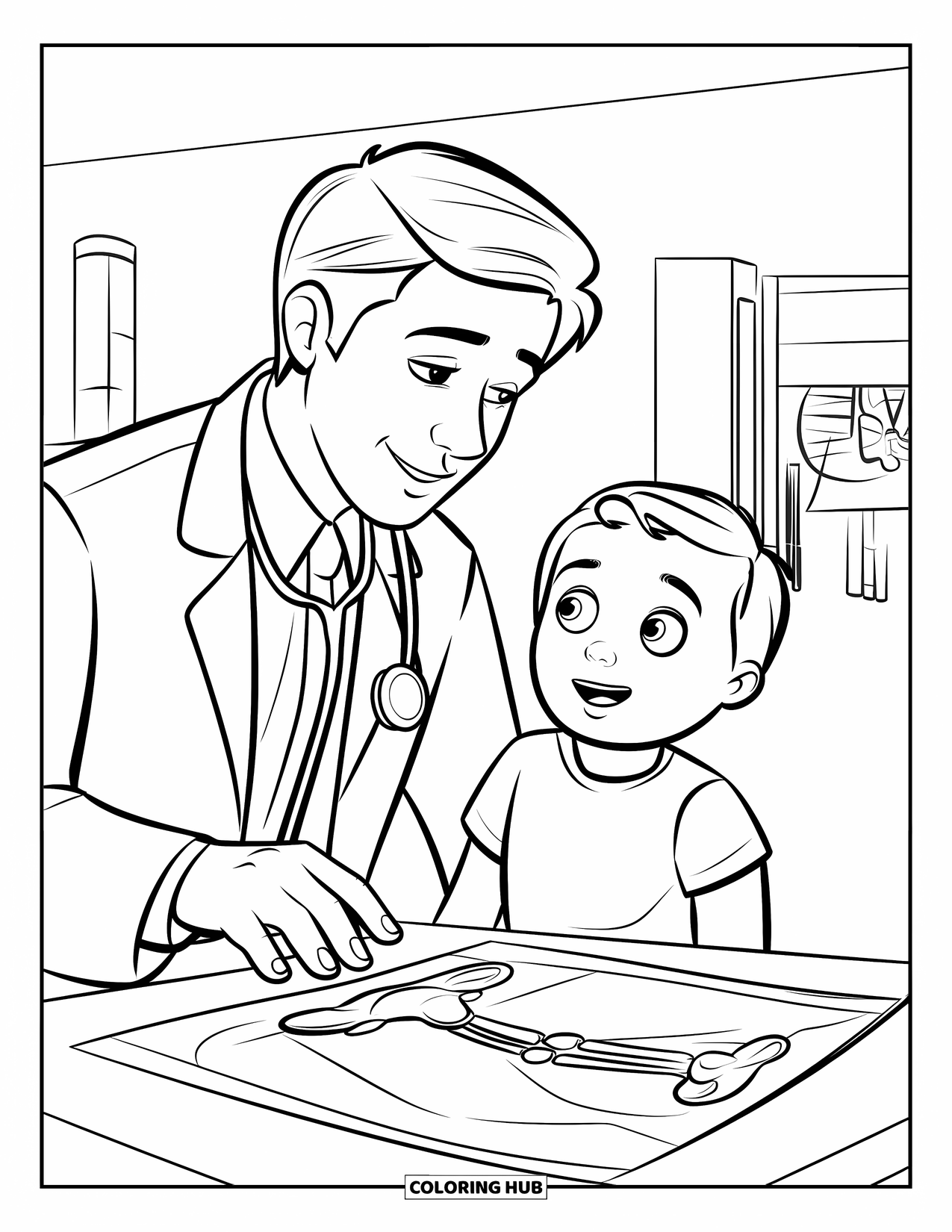 Doctor Coloring Page for Kids: A doctor holds up a bone X-ray as a child watches with wide-eyed wonder