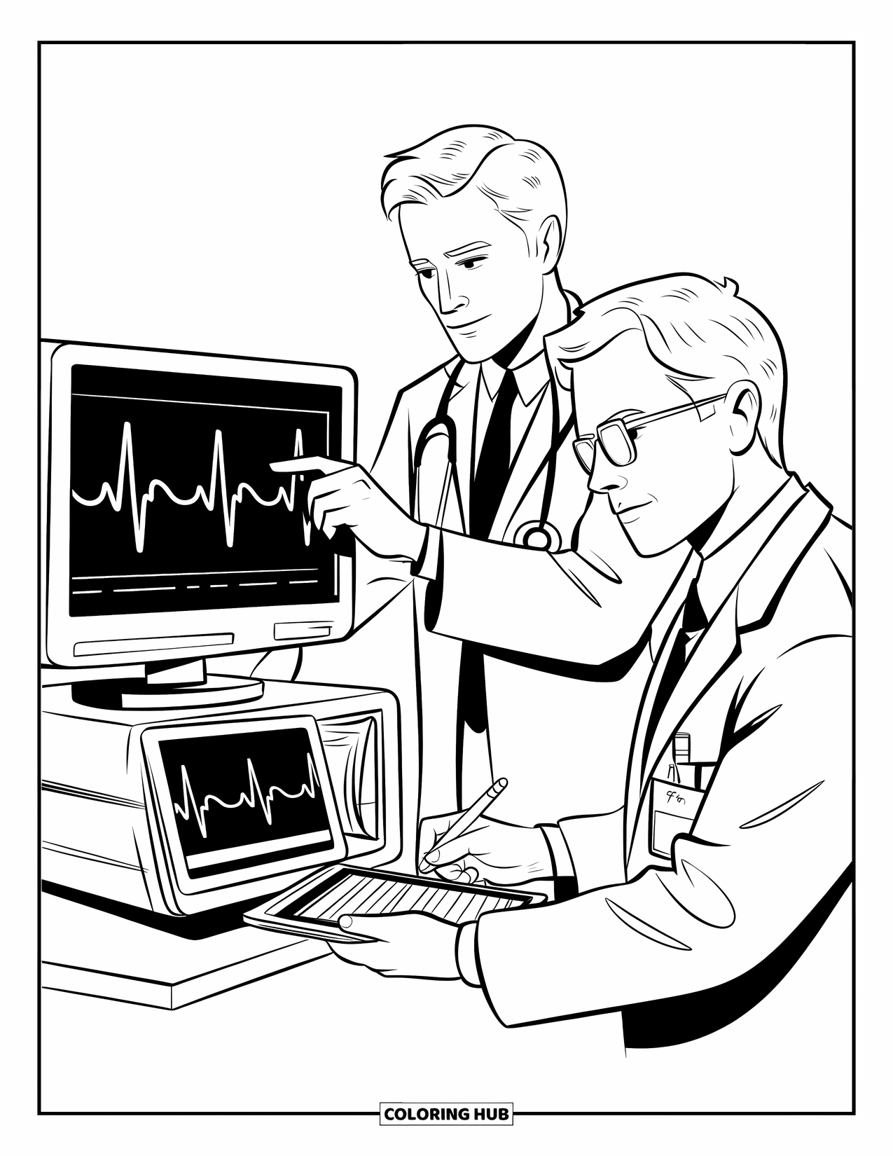 Doctor Coloring Page for Kids: A doctor monitors vitals while another records information beside a hospital bed