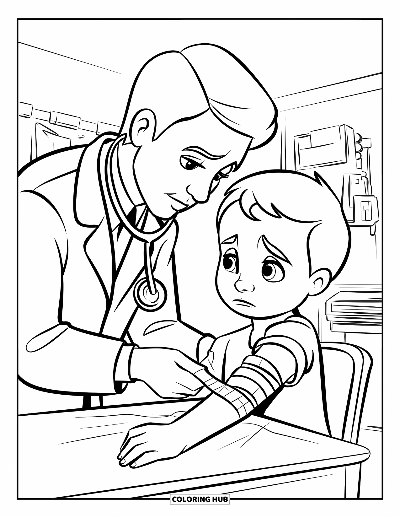 Doctor Coloring Page for Kids: A doctor puts a big bandage on a child's arm while the child sits with a frown