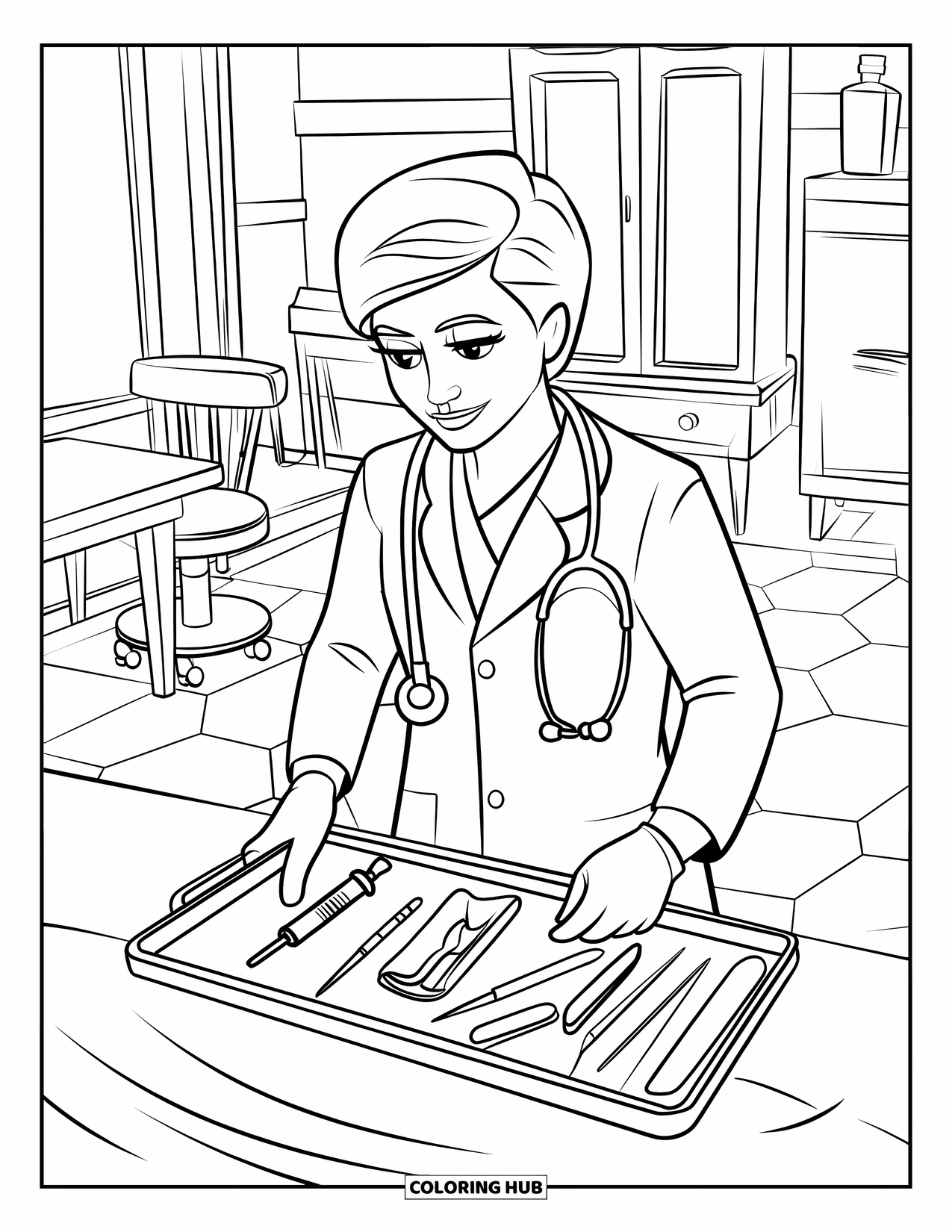 Doctor Coloring Page for Kids: A doctor readies instruments on a tray in a tiled clinic room with table and cabinet