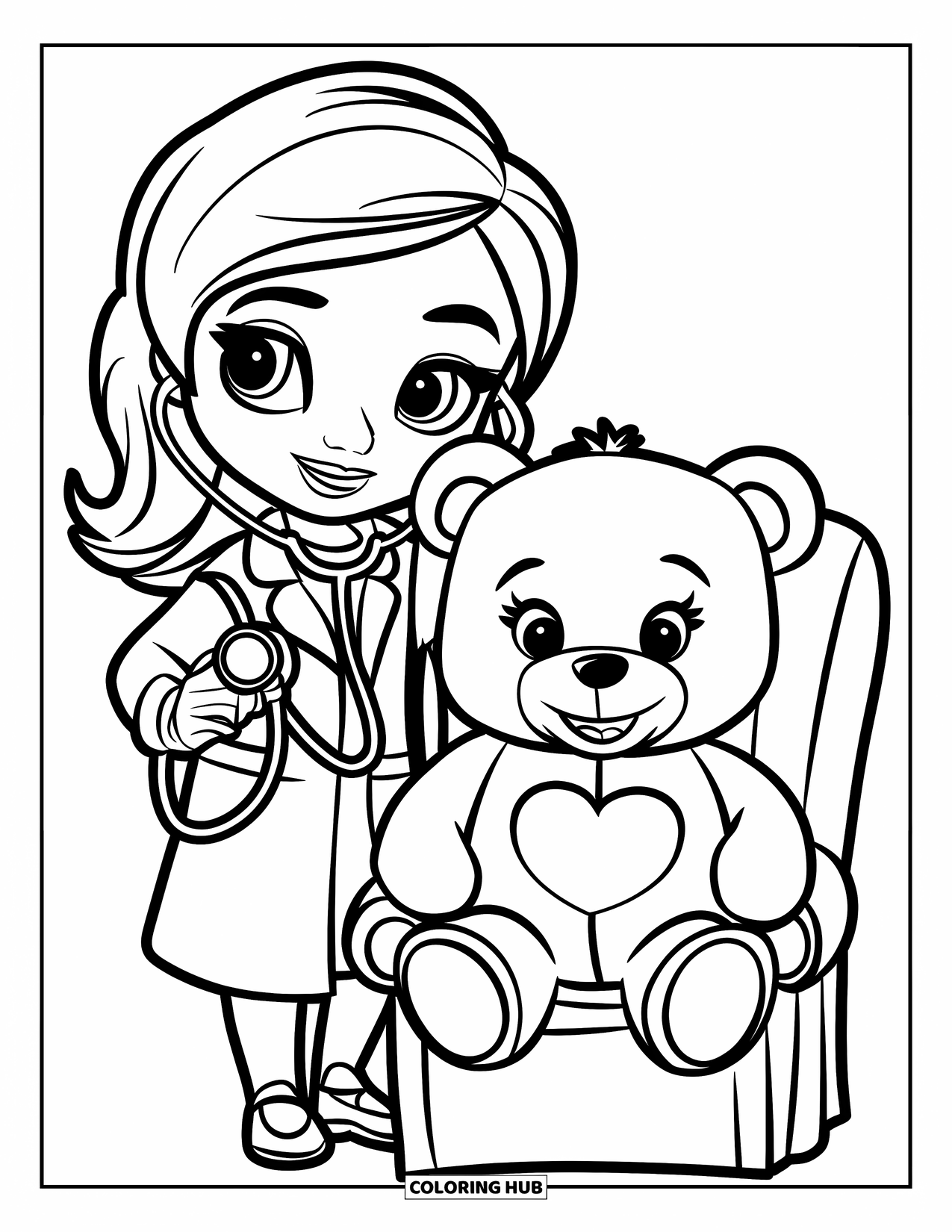 Doctor Coloring Page for Kids: A doctor smiles next to a teddy bear with a heart on its chest
