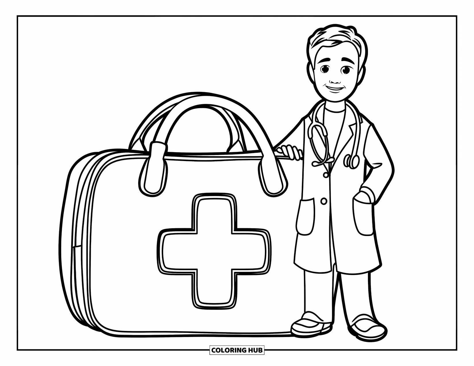 Doctor Coloring Page for Kids: A doctor stands next to a giant medical bag with a big cross on the front