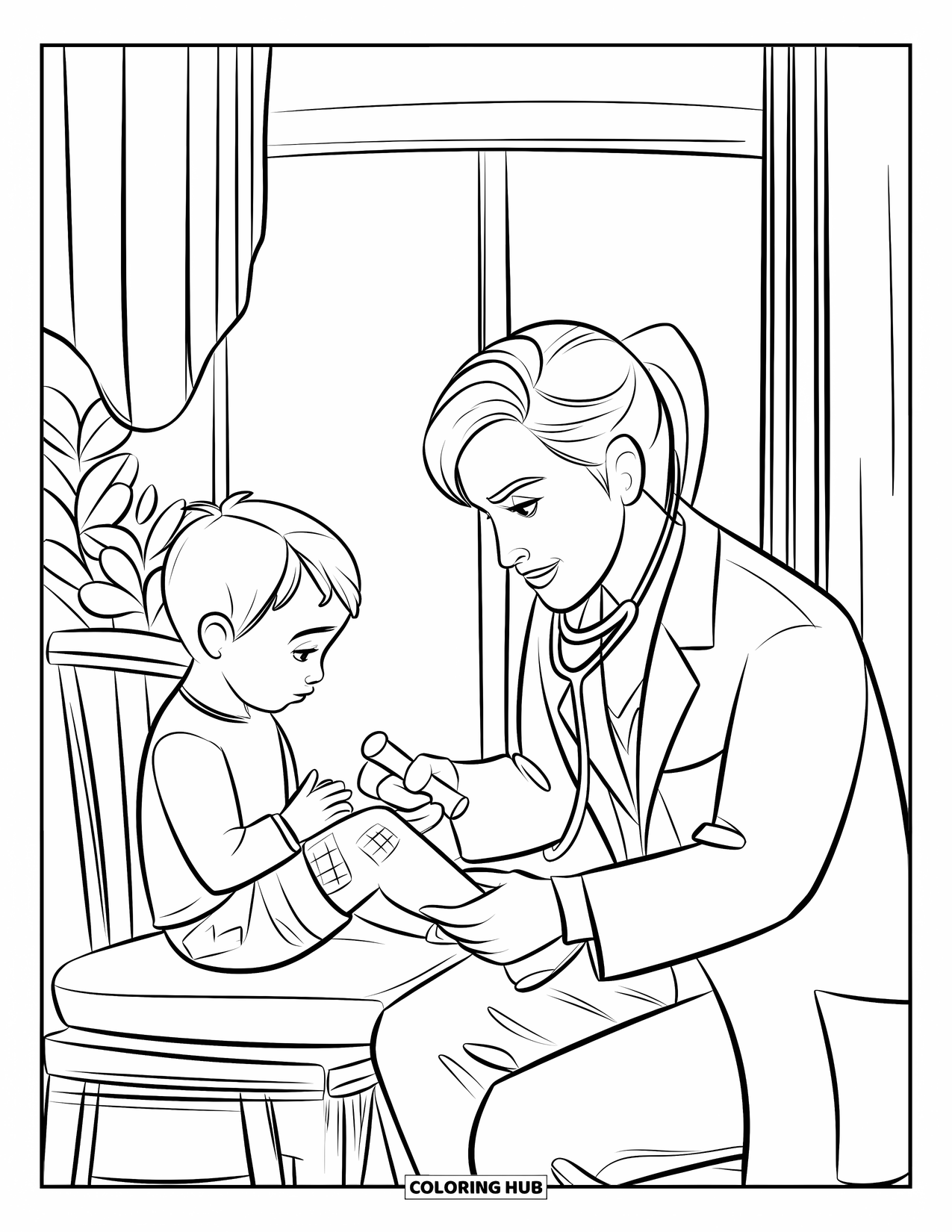 Doctor Coloring Page for Kids: A doctor uses a small hammer to check a child's knee near a window with a curtain