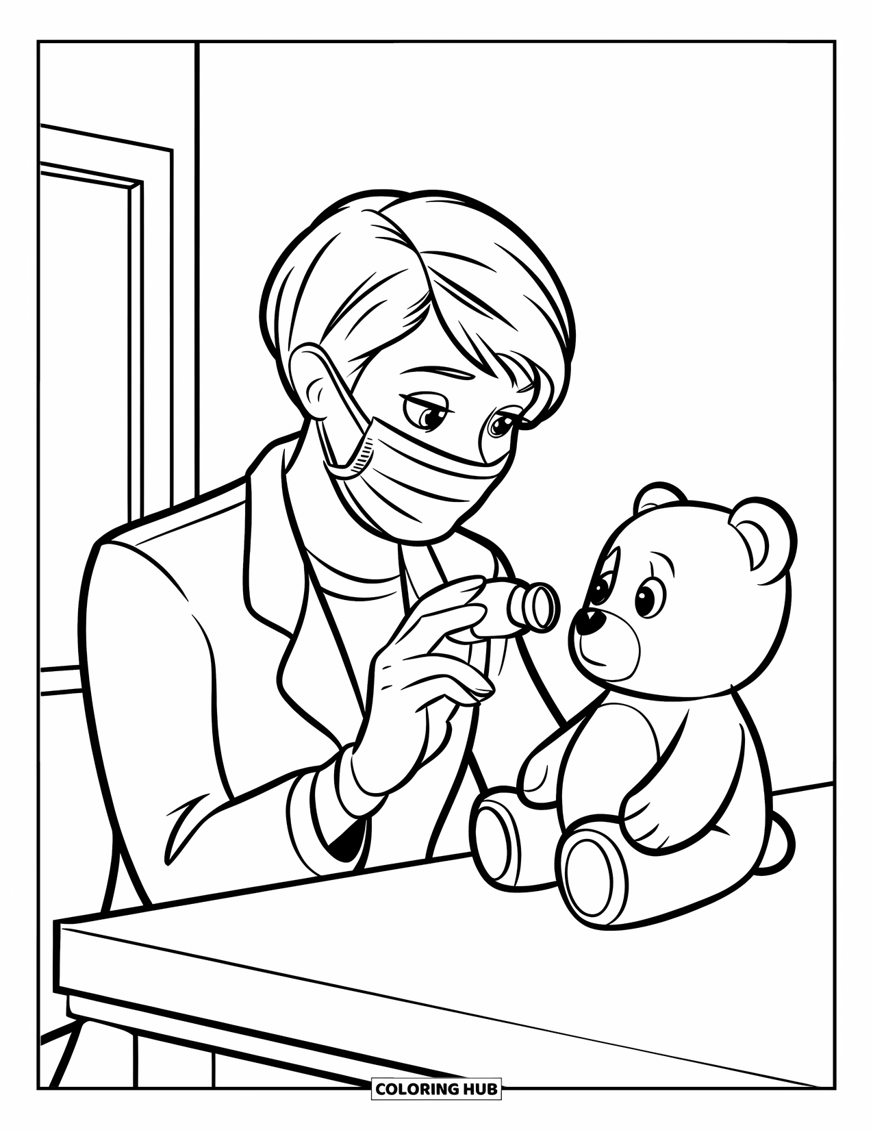 Doctor Coloring Page for Kids: A doctor with a mask checks a toy bear with a flashlight on a table