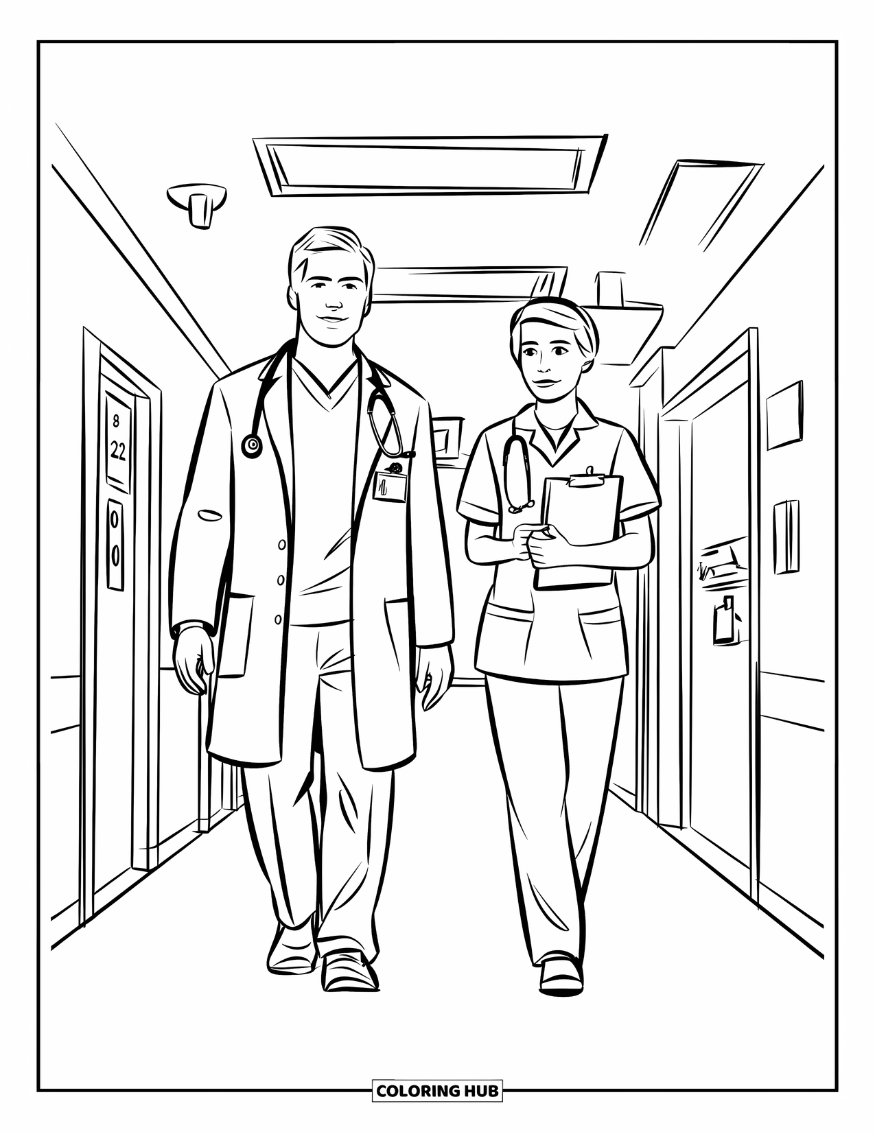 Doctor Coloring Page for Kids: A doctor with a stethoscope and a nurse with a clipboard walk through a quiet hallway