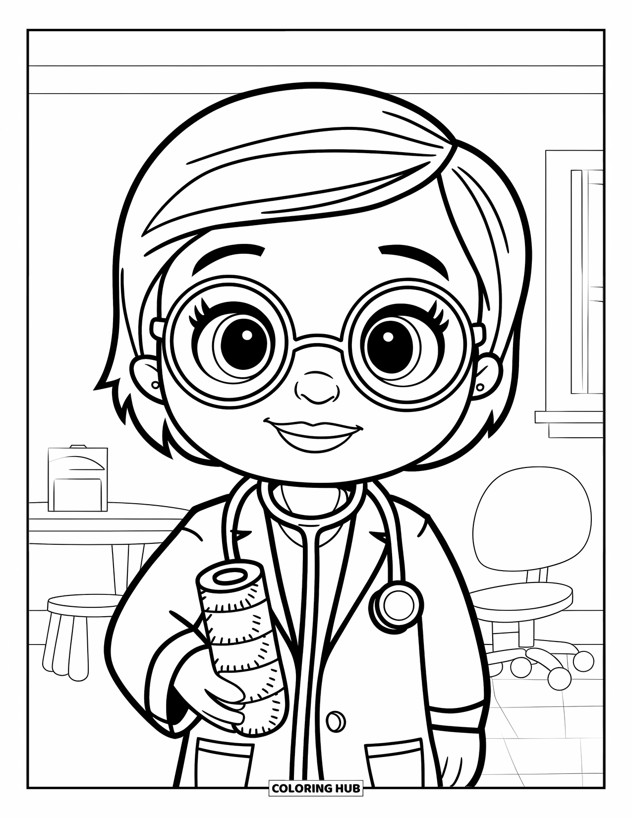 Doctor Coloring Page for Kids: A doctor with round glasses holds a bandage roll near a chair and table