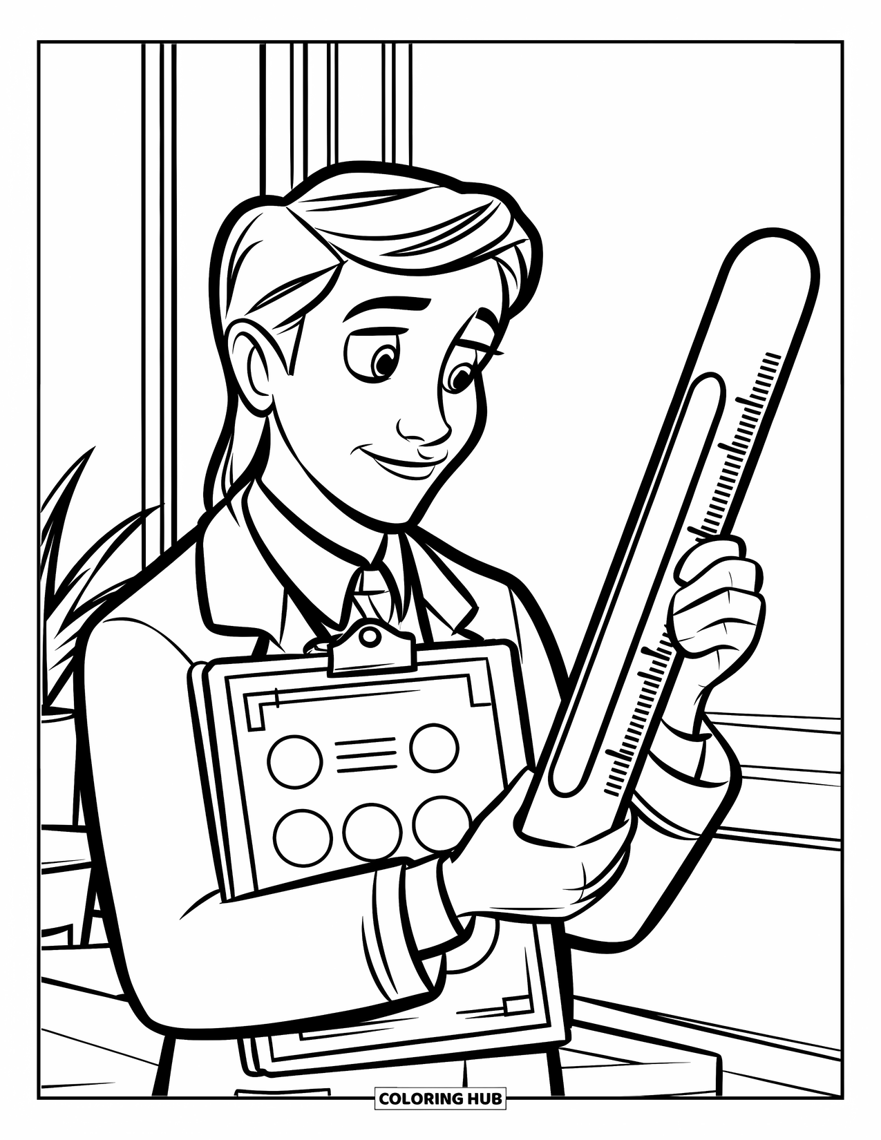 Doctor Coloring Page for Kids: A focused doctor studies a clipboard while holding a big thermometer near a small plant