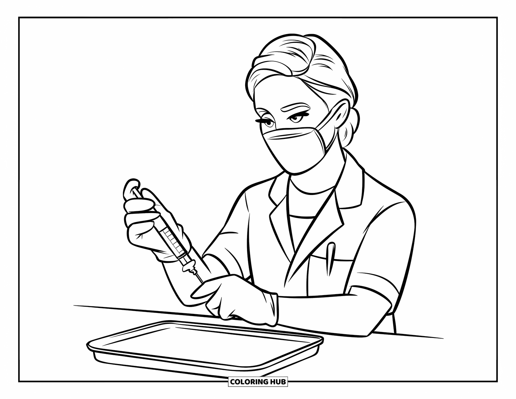 Doctor Coloring Page for Kids: A masked doctor gets a syringe ready on a tray in a clean workspace